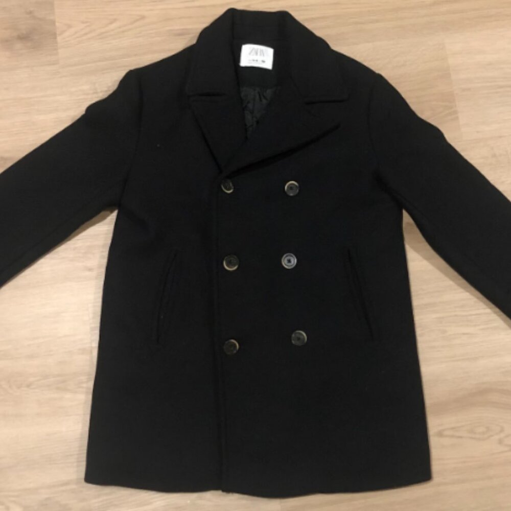 ZARA Girls Black Wool Double Breasted Pea Coat